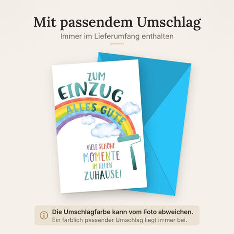 Umzugskarte Regenbogen – Farbrolle mit Wolken und bunter Schrift für Neuanfang