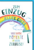 Umzugskarte Regenbogen – Farbrolle mit Wolken und bunter Schrift für Neuanfang