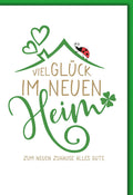 Umzugskarte Viel Glück – Hausdach mit Kleeblatt und Marienkäfer in Grün und Gold