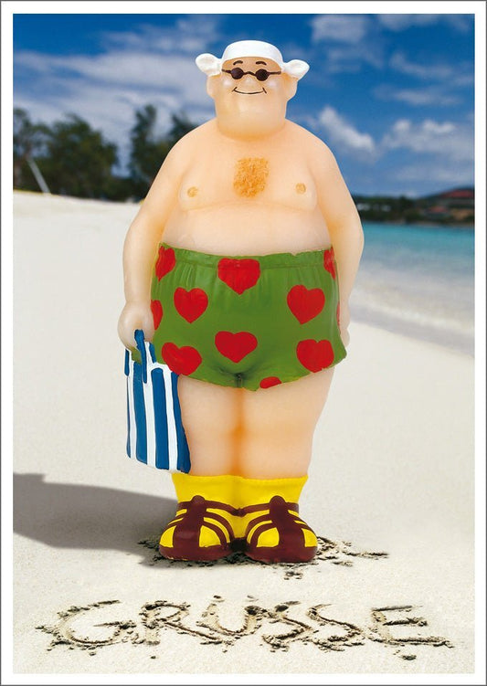 Urlaubspostkarte: Humorvolle Strand - Szene mit Karikatur in Badehose und Sonnenbrille | Blankopostkarten