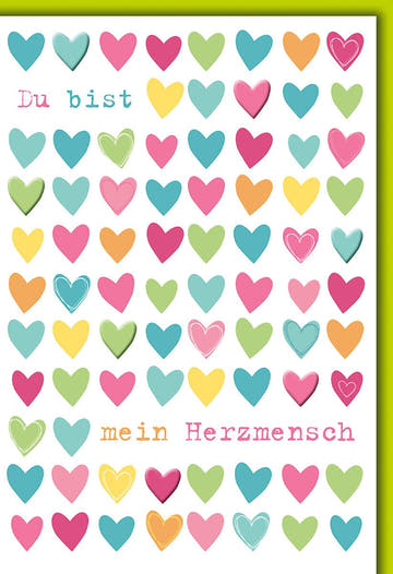 Valentinstagskarte Partner – Bunte Herzen Collage mit Schriftzug "Du bist mein Herzmensch"