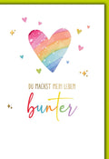 Valentinstagskarte Partner – Regenbogenherz mit buntem Schriftzug und Glitzereffekten