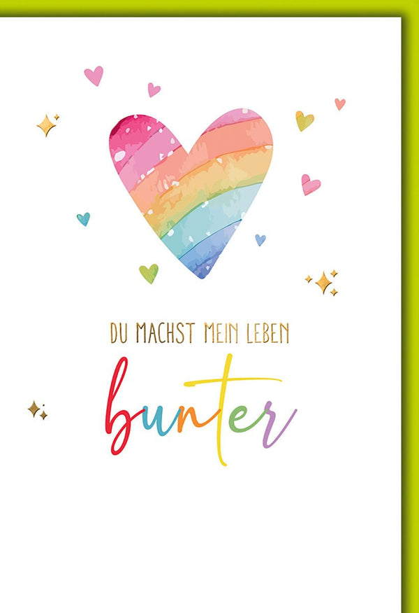 Valentinstagskarte Partner – Regenbogenherz mit buntem Schriftzug und Glitzereffekten