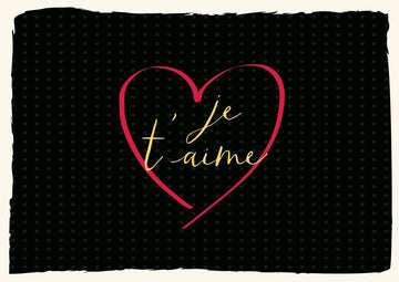 Valentinstagskarte: Romantische Karte mit rotem Herz und "je t'aime" auf schwarzem Hintergrund