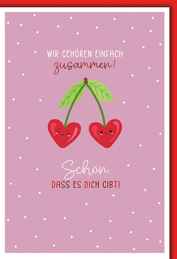 Valentinstagskarte Verliebte – Herz - Kirschen mit süßem Spruch auf rosa Hintergrund