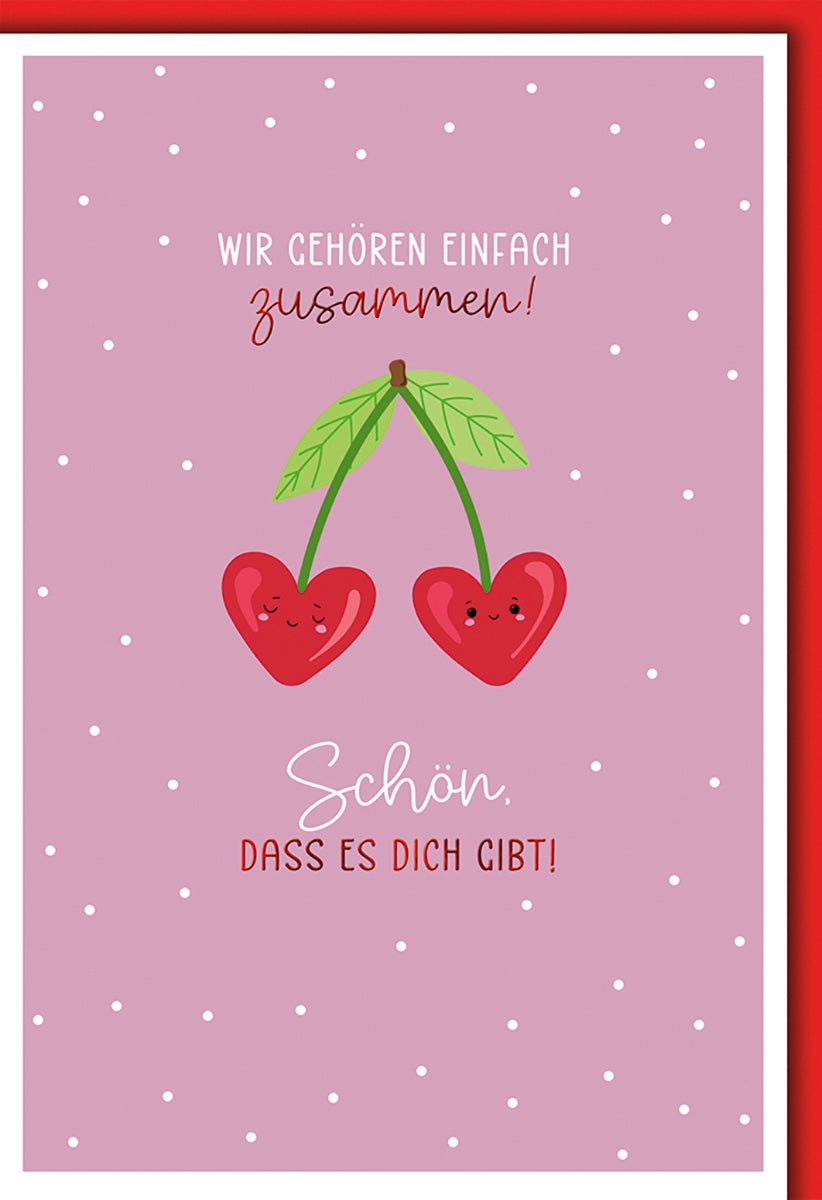 Valentinstagskarte Verliebte – Herz - Kirschen mit süßem Spruch auf rosa Hintergrund