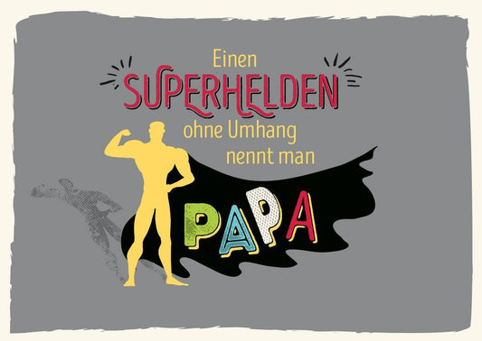 Vatertagskarte Superheld Papa: Gelber Held mit schwarzem Umhang, humorvolle Botschaft für Vatertag oder Geburtstag