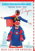 Vatertagskarte – Superhelden-Design für Papa, liebevolle Grüße und Spaß für die ganze Familie