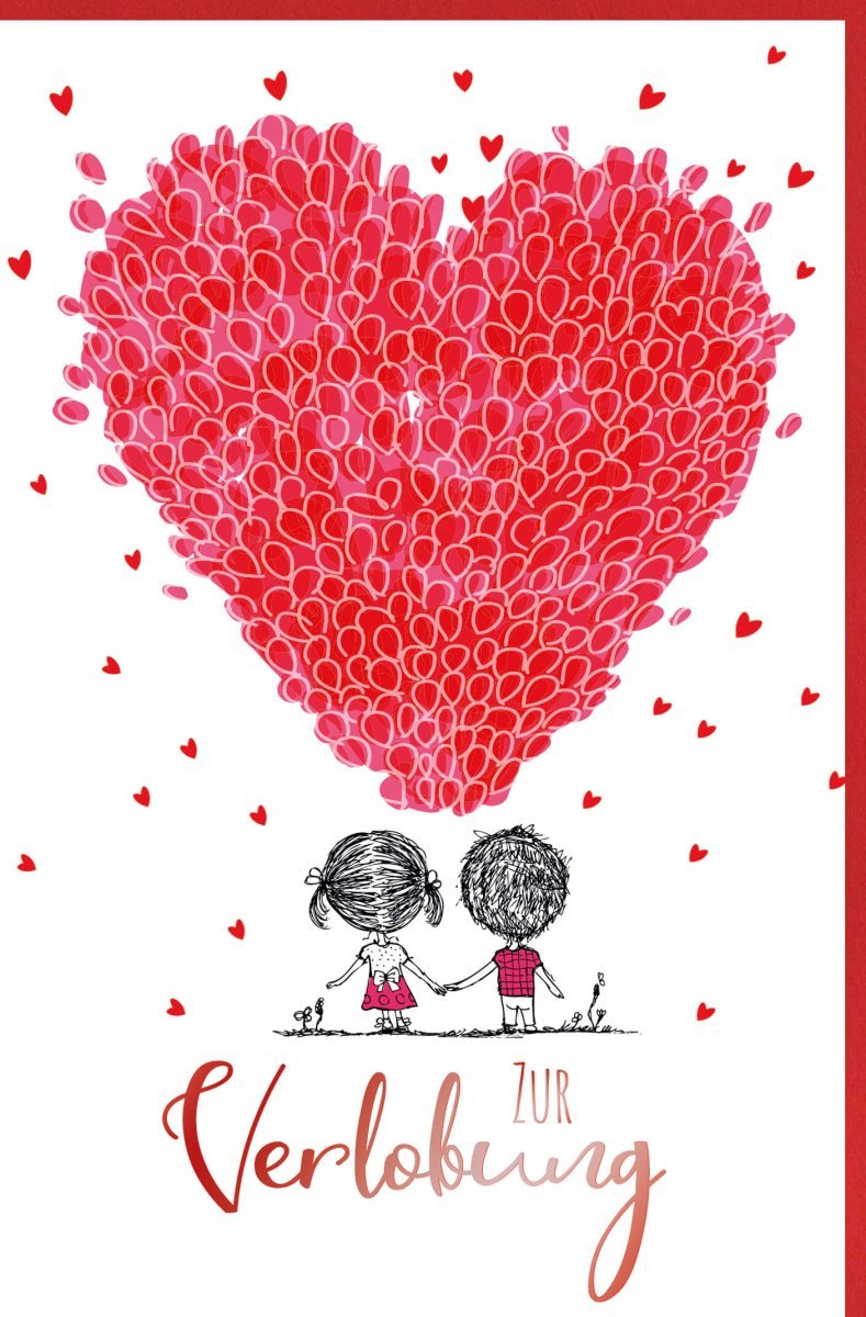 Verlobungskarte - "Glückwünsche zur Verlobung" mit roten Herzen und romantischem Paar - Design, ideal für Hochzeitsglückwünsche