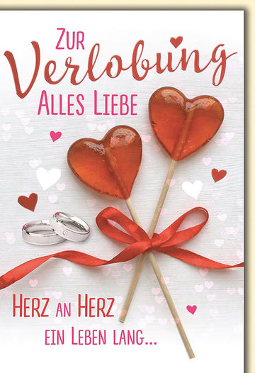 Verlobungskarte Romantisch – Herz - Lollis mit roten Schleife und Eheringen