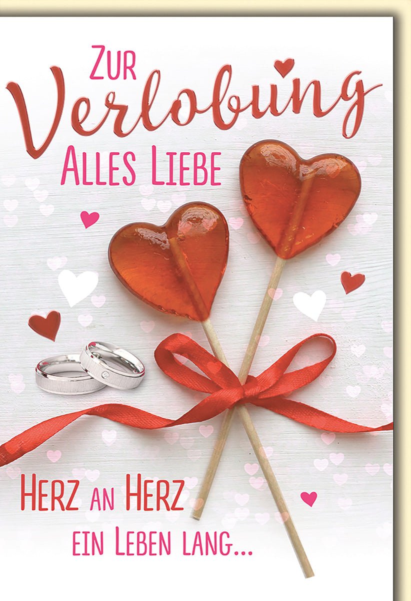 Verlobungskarte Romantisch – Herz - Lollis mit roten Schleife und Eheringen