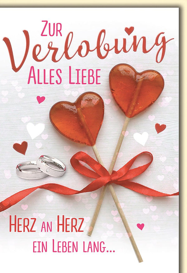 Verlobungskarte Romantisch – Herz-Lollis mit roten Schleife und Eheringen