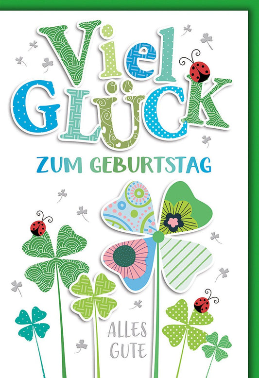 Viel Glück Geburtstagskarte – Bunte Kleeblätter mit Marienkäfern und verspieltem Design
