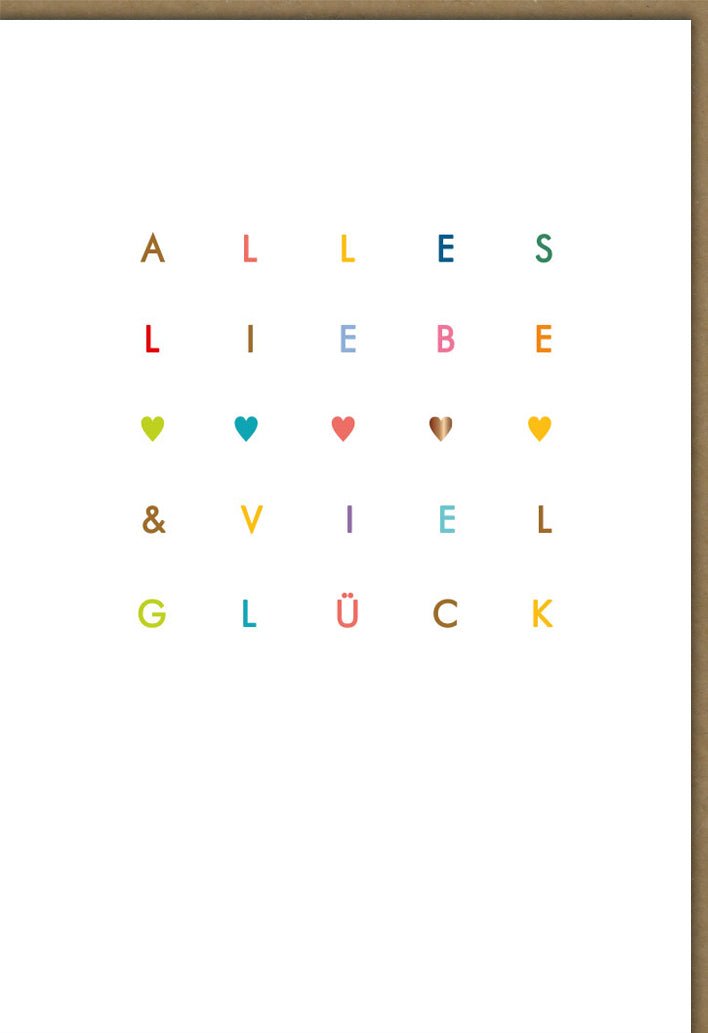 Viel - Glück - Karte "Alles Liebe & Viel Erfolg" – Bunte Buchstaben & Herzen, Perfekt für Neuanfänge und Gratulationen