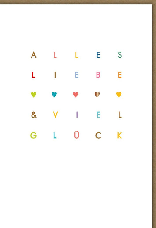 Viel - Glück - Karte "Alles Liebe & Viel Erfolg" – Bunte Buchstaben & Herzen, Perfekt für Neuanfänge und Gratulationen