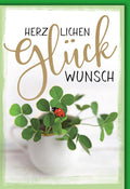 Viel-Glück-Karte Allgemein – Kleeblatt mit Marienkäfer in modernem Schriftzug-Design