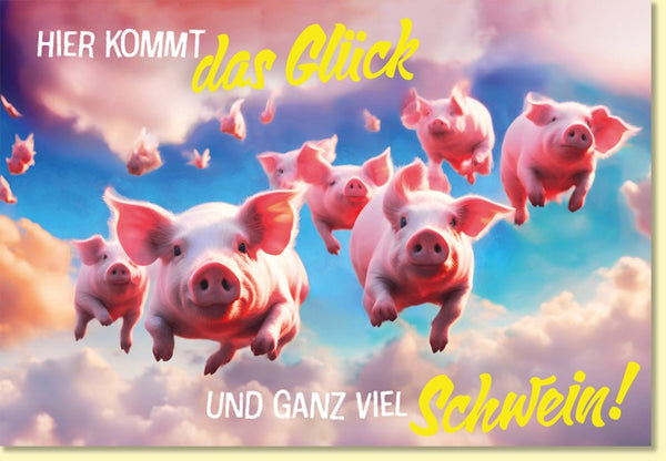 Viel Glück Karte fliegende Schweine bunte Wolken lustige Doppelkarte Glückwunschkarte mit Spruch originelle Grußkarte Schwein Motiv