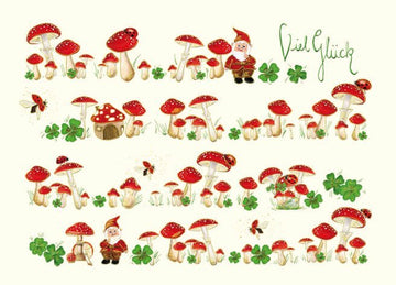 Viel Glück Karte – Magische Waldszene mit Pilzen, Kleeblättern & Marienkäfer, Wichtel Illustration in Rot Grün Weiß