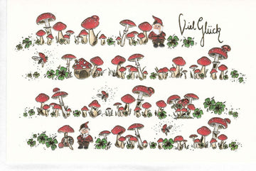 Viel Glück Karte mit Glückspilzen und Kleeblättern liebevoll illustriert mit Zwergen als Glücksbringer für besondere Anlässe