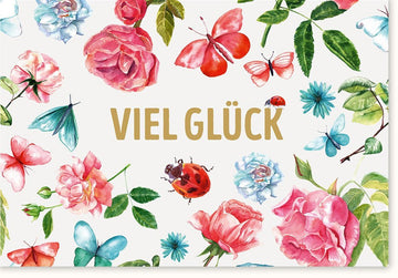 Viel - Glück - Karte – Naturdesign mit Schmetterlingen & Marienkäfern, Blumenillustration für jeden Anlass