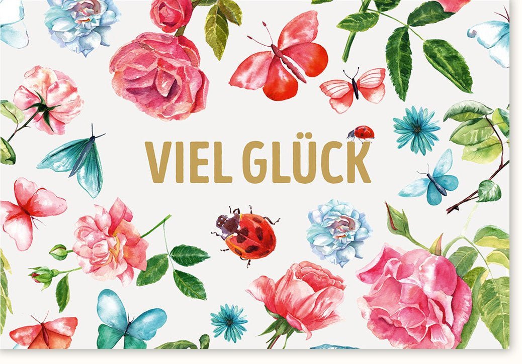 Viel - Glück - Karte – Naturdesign mit Schmetterlingen & Marienkäfern, Blumenillustration für jeden Anlass