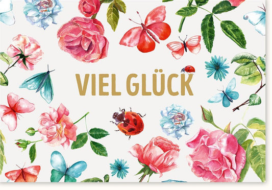 Viel - Glück - Karte – Naturdesign mit Schmetterlingen & Marienkäfern, Blumenillustration für jeden Anlass