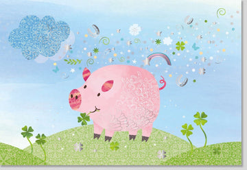 Viel - Glück - Karte "Viel Erfolg" - Charmante Karte mit Schweinchen, Kleeblättern & Sternen, Inspirierende Botschaft für Freunde, Hellblau & Grün