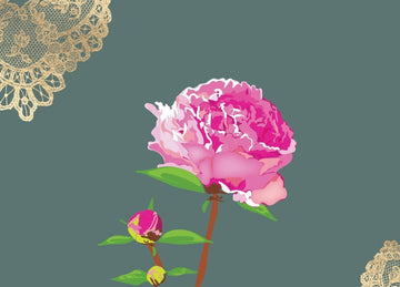 Vintage Postkarte: Pfingstrosen - Illustration mit Spitzen - Dekor in Grün & Rosa, Retro Floraldesign