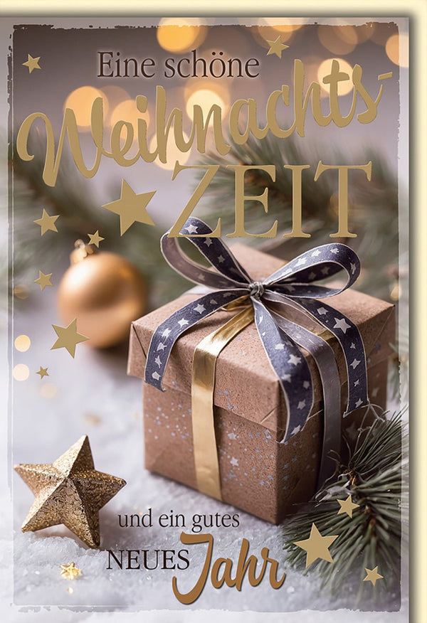 Weihnachts- und Neujahrskarte – Geschenkbox mit goldenen Sternen und Tannenzweigen