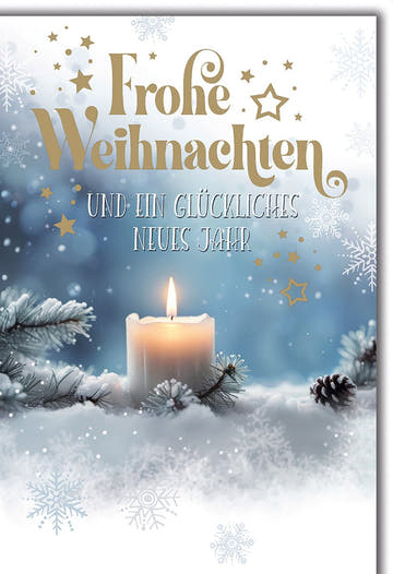 Weihnachts - und Neujahrskarte – Schneelandschaft mit Kerze und goldenen Sternen