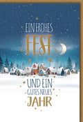 Weihnachts- und Neujahrskarte – Winterdorf mit Sternenhimmel und Goldschrift