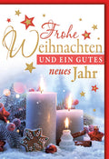 Weihnachts- und Neujahrskarte – Winterkerzen mit Lebkuchen und roten Sternen
