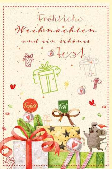 Weihnachtsgrußkarte aus nachhaltigem Zuckerrohrpapier mit festlichem Design und Geschenke - Illustration – Frohe Festtage