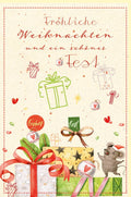 Weihnachtsgrußkarte aus nachhaltigem Zuckerrohrpapier mit festlichem Design und Geschenke-Illustration – Frohe Festtage
