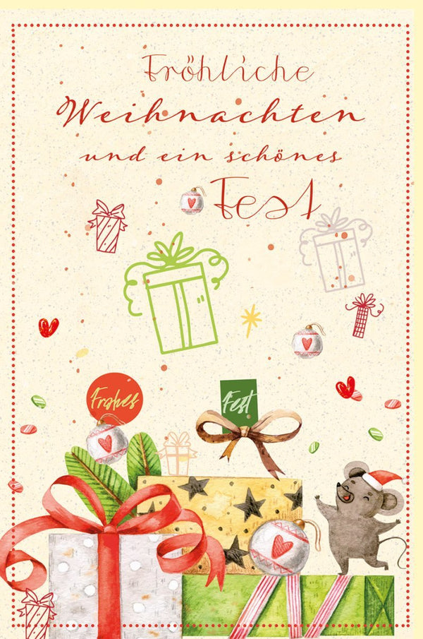 Weihnachtsgrußkarte aus nachhaltigem Zuckerrohrpapier mit festlichem Design und Geschenke-Illustration – Frohe Festtage