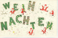 Weihnachtsgrußkarte aus Naturkarton mit sechs fröhlichen Weihnachtsmännern