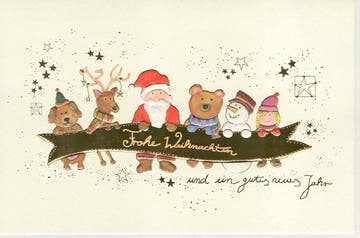 Weihnachtsgrußkarte aus Naturkarton mit Weihnachtsmann und seinen Freunden