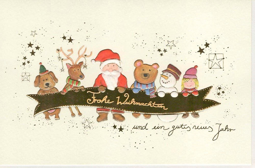 Weihnachtsgrußkarte aus Naturkarton mit Weihnachtsmann und seinen Freunden
