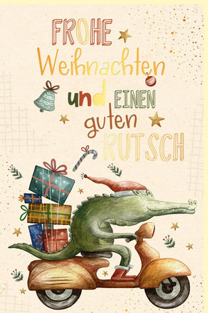 Weihnachtsgrußkarte aus Zuckerrohrpapier mit Goldfolie - Lustiges Krokodilmotiv, "Frohe Weihnachten & Guten Rutsch" in Grün & Gold