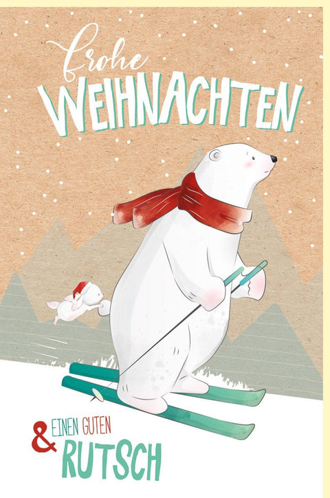 Weihnachtsgrußkarte Bär auf Ski, Naturkarton, Winterillustration, Frohe Weihnachten & Guten Rutsch, Perfekt für Kinder & Familie in Beige & Rot