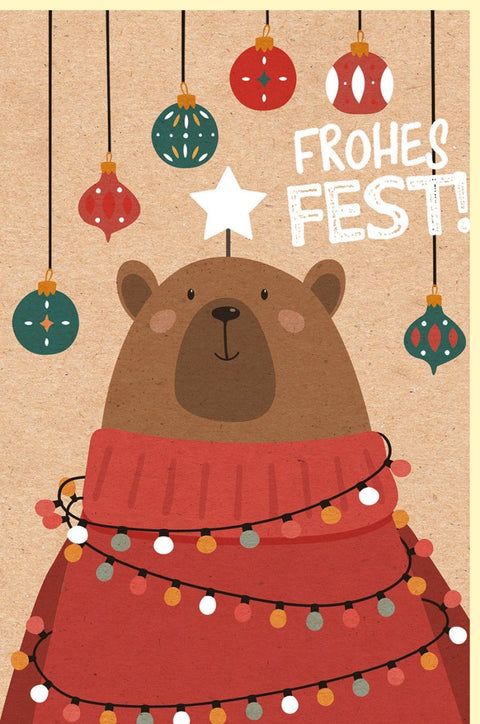 Weihnachtsgrußkarte Bär & Lichterkette - Vintage Kraftpapier, Festliche Illustration, Perfektes Geschenk für die Winterzeit