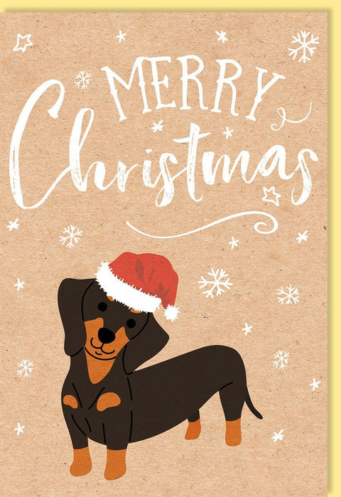 Weihnachtsgrußkarte: Dackel mit Weihnachtsmütze auf Naturkarton, Tierliebe Karte mit Schneeflocken für festliche Grüße