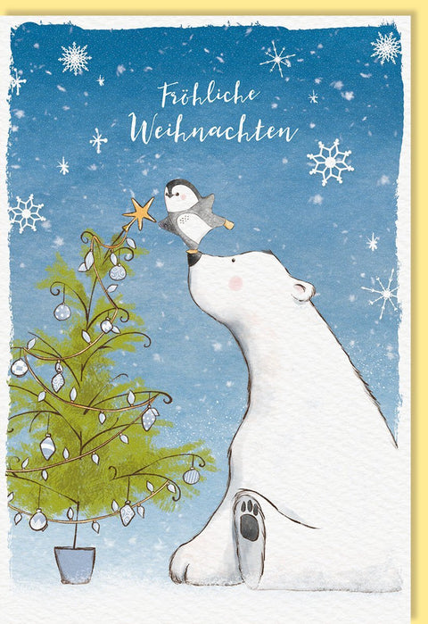 Weihnachtsgrußkarte: Eisbär & Pinguin am Baum, Winterliche Szene auf Naturkarton für festliche Grüße