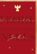 Weihnachtsgrußkarte – Elegante Engel- und Sternenmotive in Rot-Gold, Frohe Weihnachten & Besinnliche Feiertage Wünsche