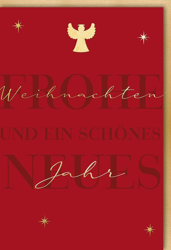 Weihnachtsgrußkarte – Elegante Engel- und Sternenmotive in Rot-Gold, Frohe Weihnachten & Besinnliche Feiertage Wünsche