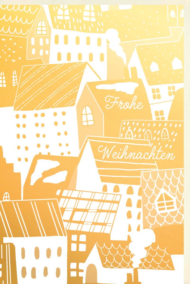 Weihnachtsgrußkarte – Elegante Festtagskarte mit goldener Stadtsilhouette und winterlicher Schneelandschaft, "Frohe Weihnachten"