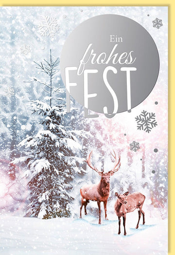 Weihnachtsgrußkarte: Elegante Winterlandschaft mit Hirsch & Reh, Tannenbaum und Silberfolie für festliche Grüße