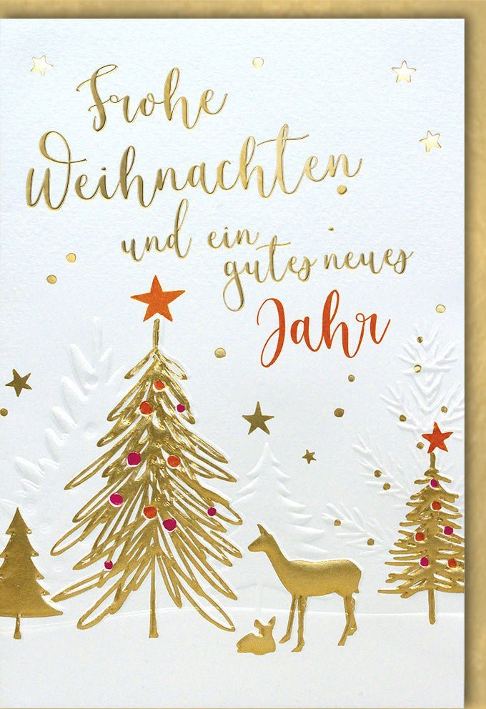 Weihnachtsgrußkarte - Elegantes Glitzer - Reh & Tannenbaum Design mit Goldschrift