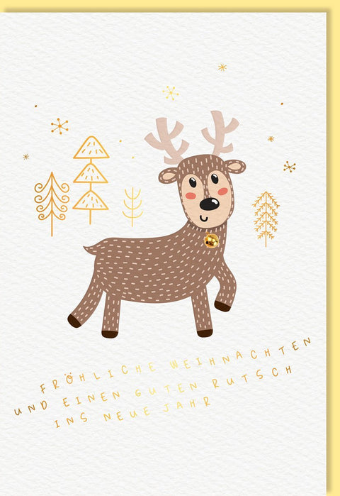 Weihnachtsgrußkarte – Elegantes Rentierdesign mit Goldfolie auf Naturkarton & Glöckchen, Exklusiv und Hochwertig