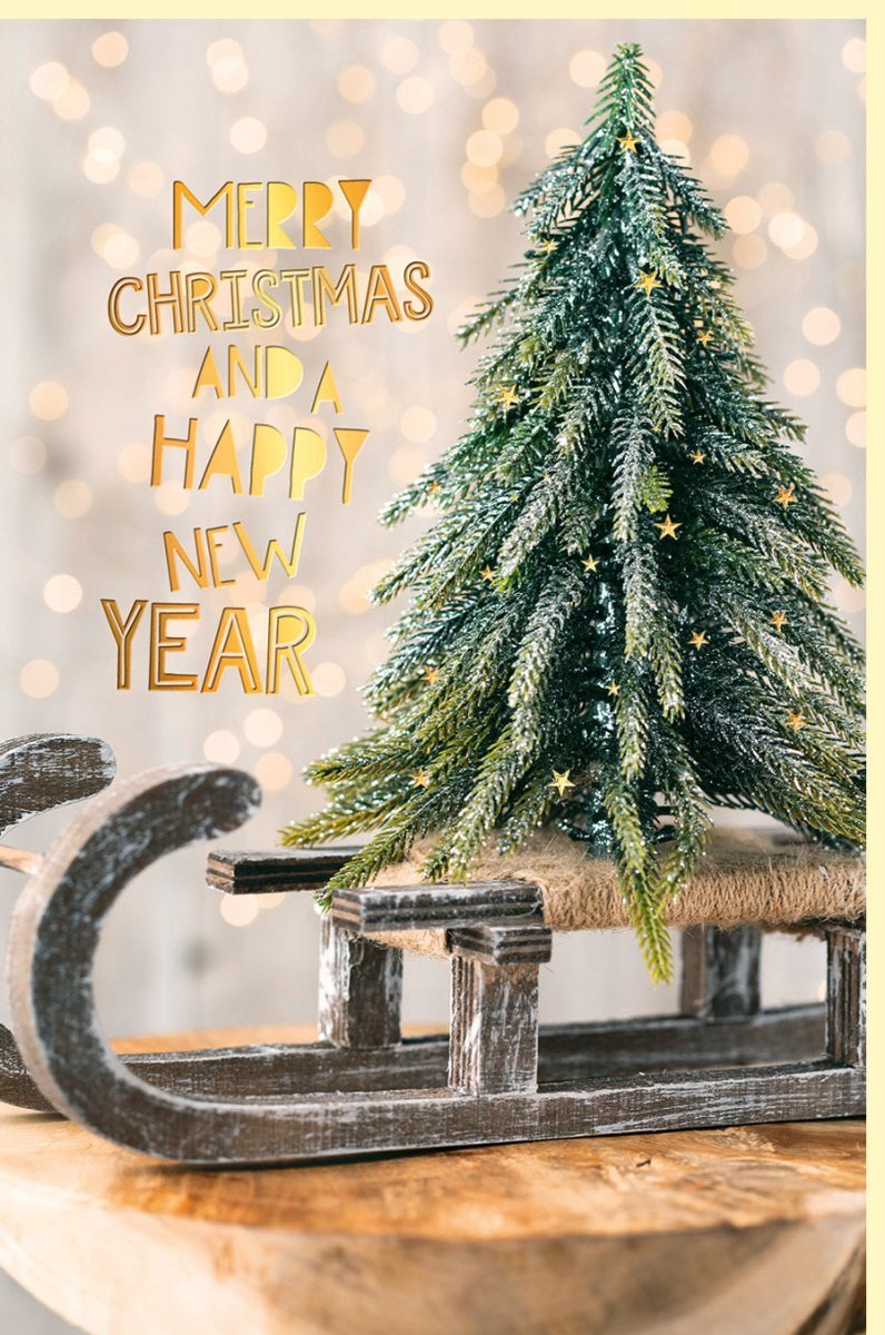 Weihnachtsgrußkarte: Elegantes Schlitten & Baum Design in Grün mit Goldfolie, Traditioneller Festtagsgruß für Familie & Freunde